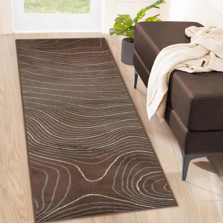 Veer Modern Abstract Wood Grain Indoor Area Rug or Runner Rug - Chocolate