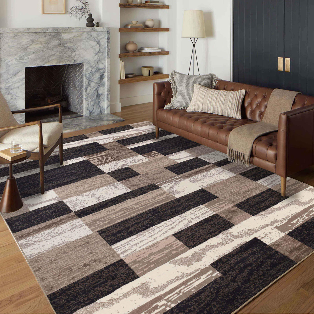 Rockwood Modern Geometric Patchwork Indoor Area Rug or Runner - Chocolate