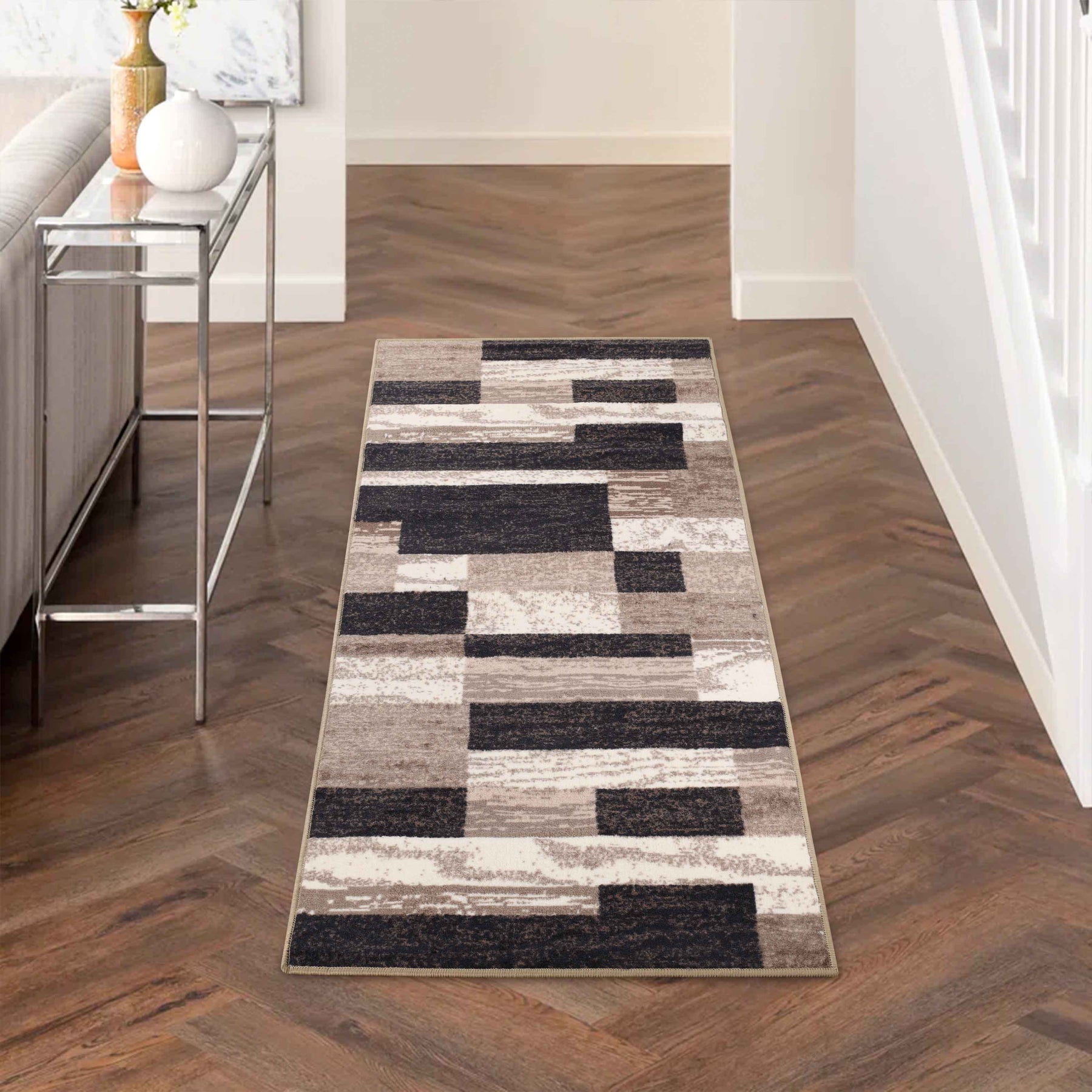 Rockwood Patchwork Non-Slip Indoor Washable Area Rug - Chocolate