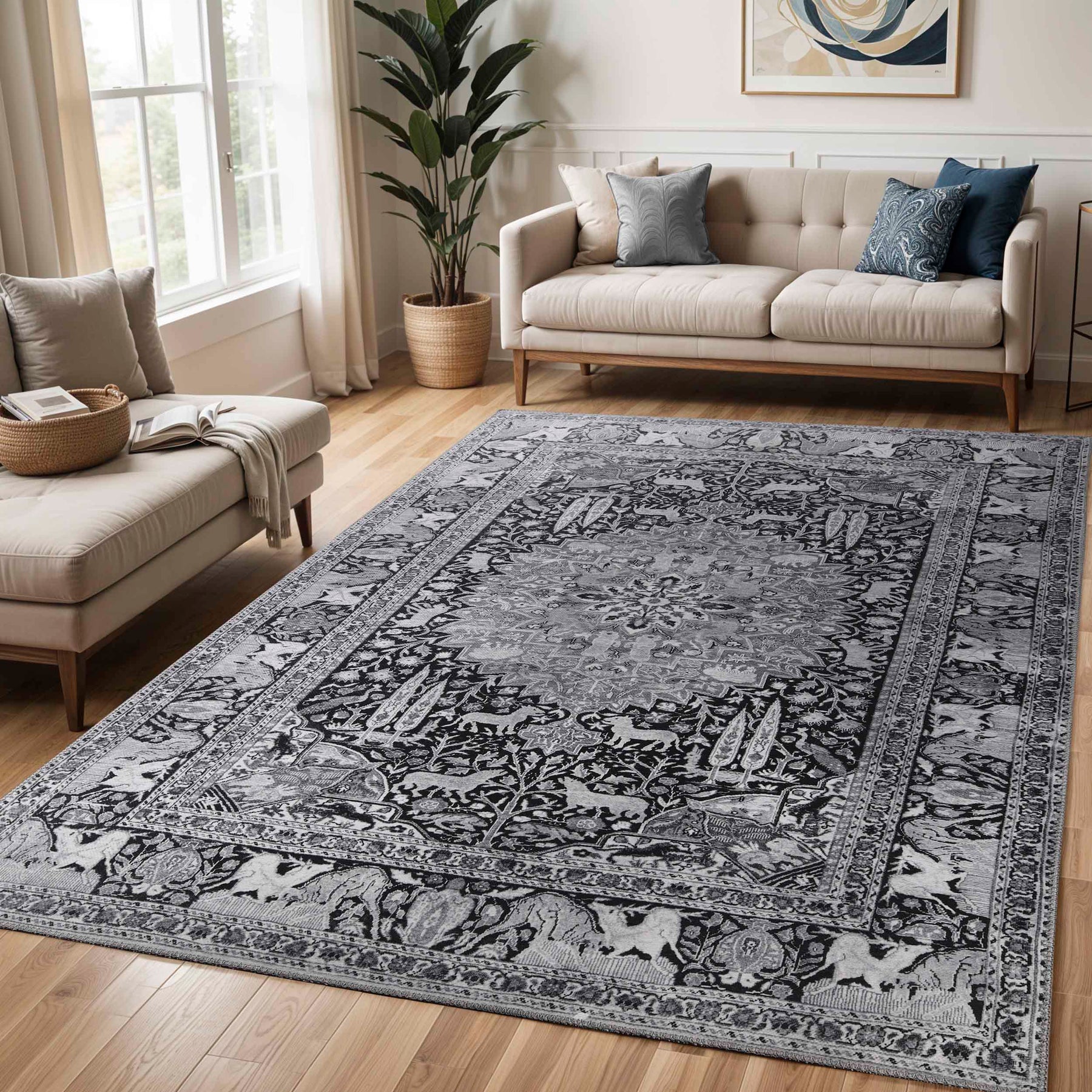 Copley Bohemian Oriental Medallion Wildlife Indoor Area Rug Or Runner - Charcoal