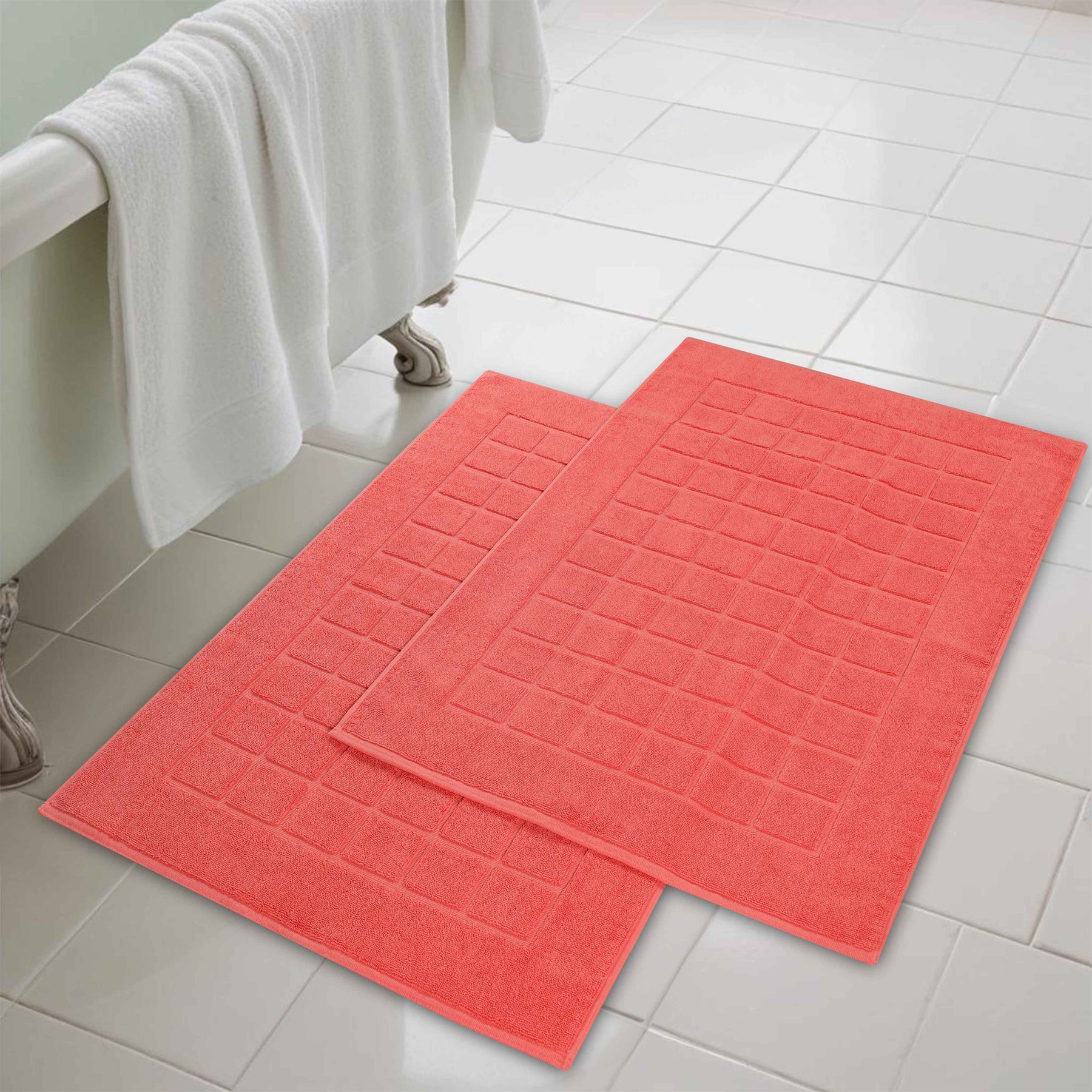 Nora Cotton Solid Absorbent Thick Checkered Washable Bath Mat Set of 2