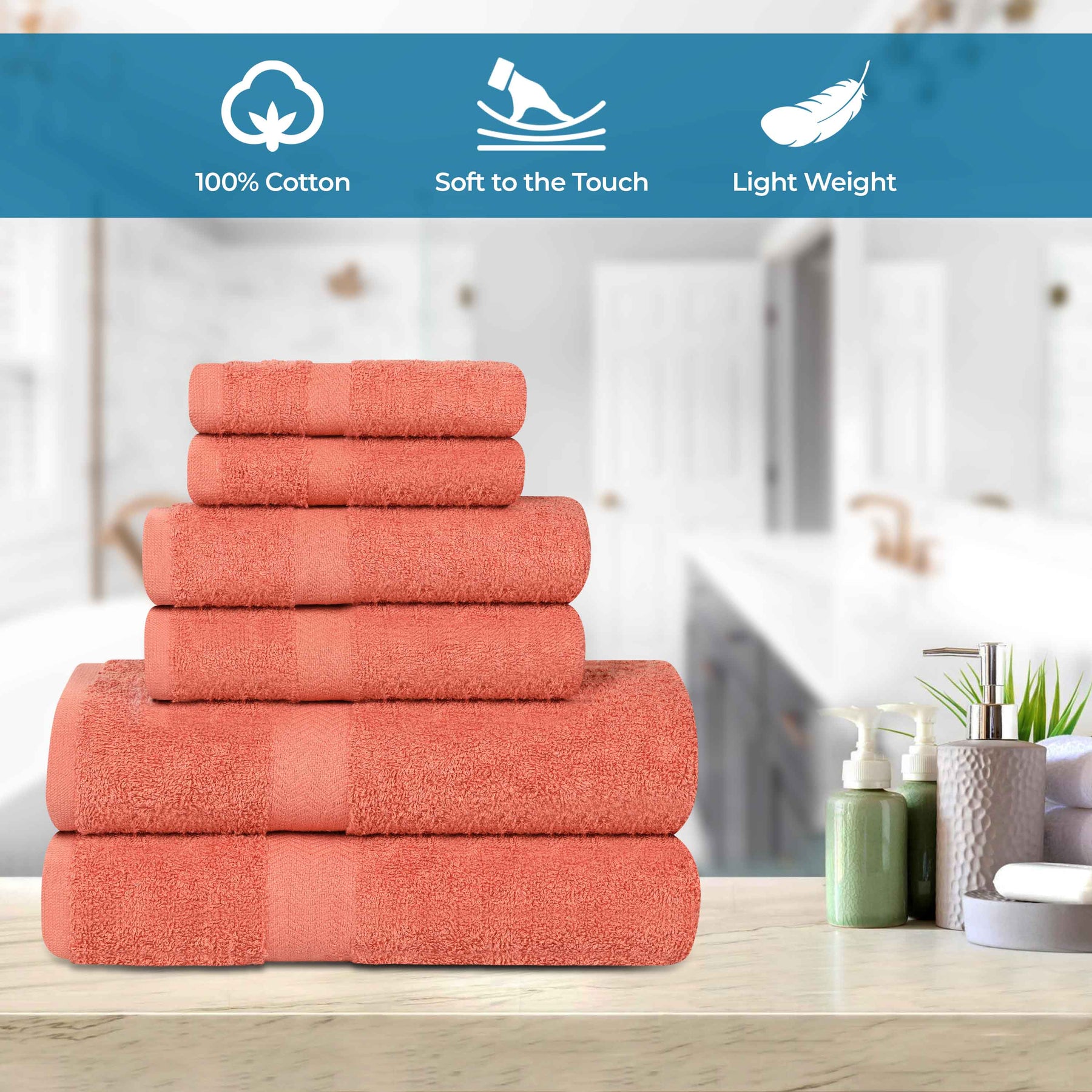 6 Piece Cotton Eco-Friendly Soft Absorbent Towel Set