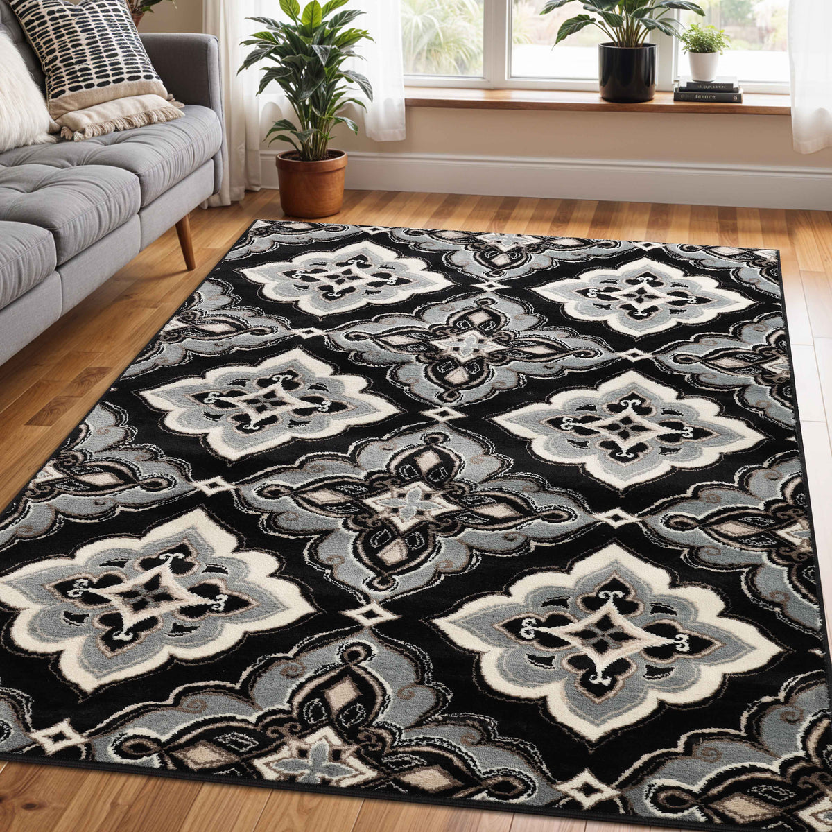 Crawford Medallion Indoor Large Area Rugs or Runner Rug Or Door Mat - Black