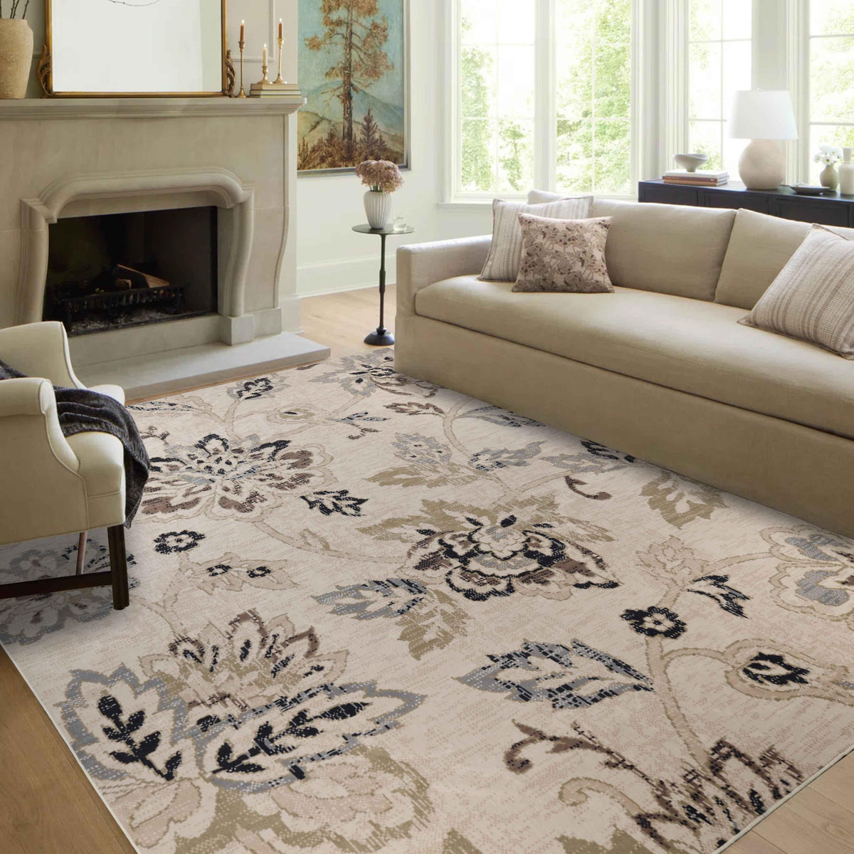 Jacobean Floral Modern Farmhouse Indoor Area Rug or Runner Rug - Cream