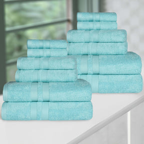 Ultra-Soft Cotton Absorbent Quick-Drying 12 Piece Assorted Towel Set - Cyan