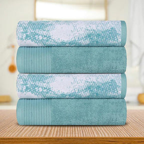 Cotton Marble Solid Jacquard Border Bath Towels Set of 4 - Cyan