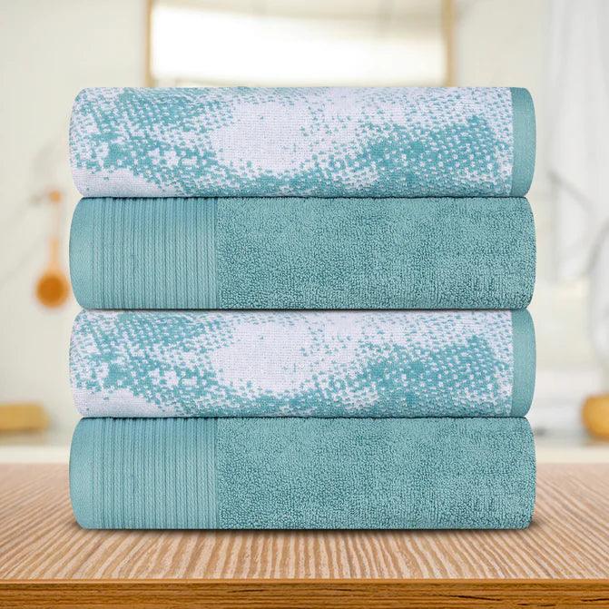 Cotton Marble Solid Jacquard Border Bath Towels Set of 4 - Cyan