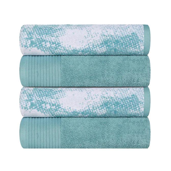 Cotton Marble Solid Jacquard Border Bath Towels Set of 4 - Cyan