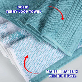 Cotton Marble Solid Jacquard Border Bath Towels Set of 4 - Cyan