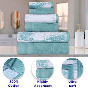 Cotton Marble and Solid Medium Weight Face Towel/ Washcloth Set of 12 - Cyan