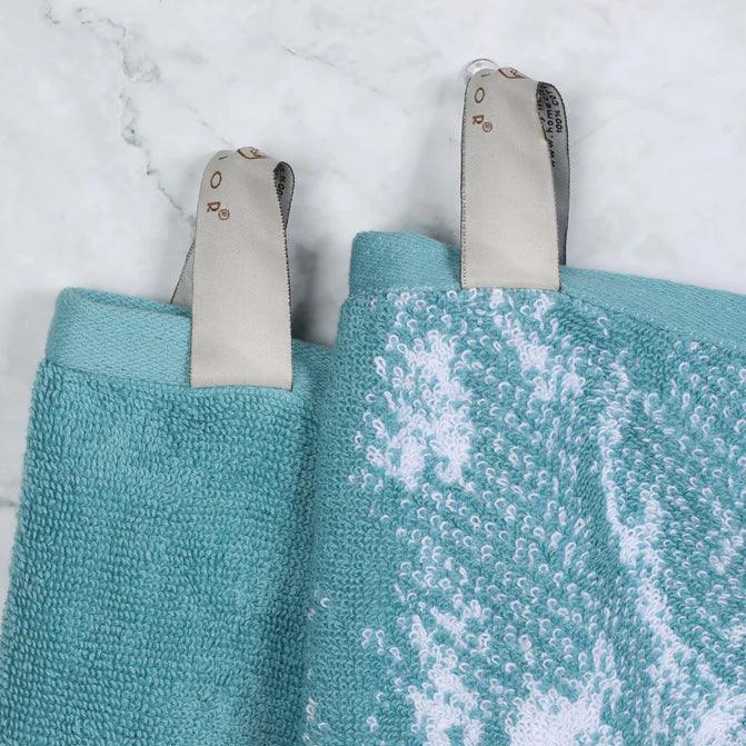 Cotton Marble Solid Jacquard Border Bath Towels Set of 4 - Cyan