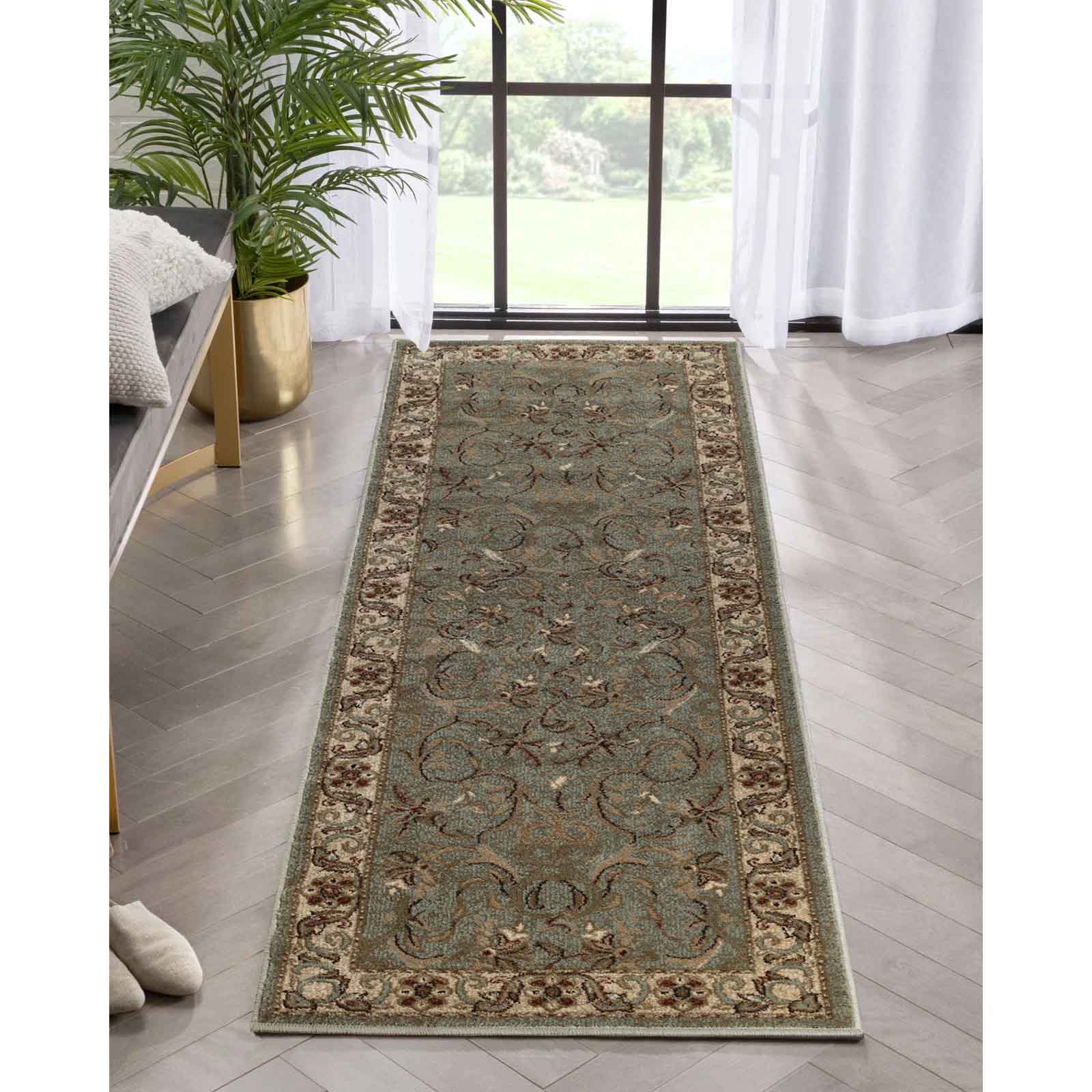 Heritage Traditional Floral Scroll Indoor Runner or Area Rug - DarkGreen