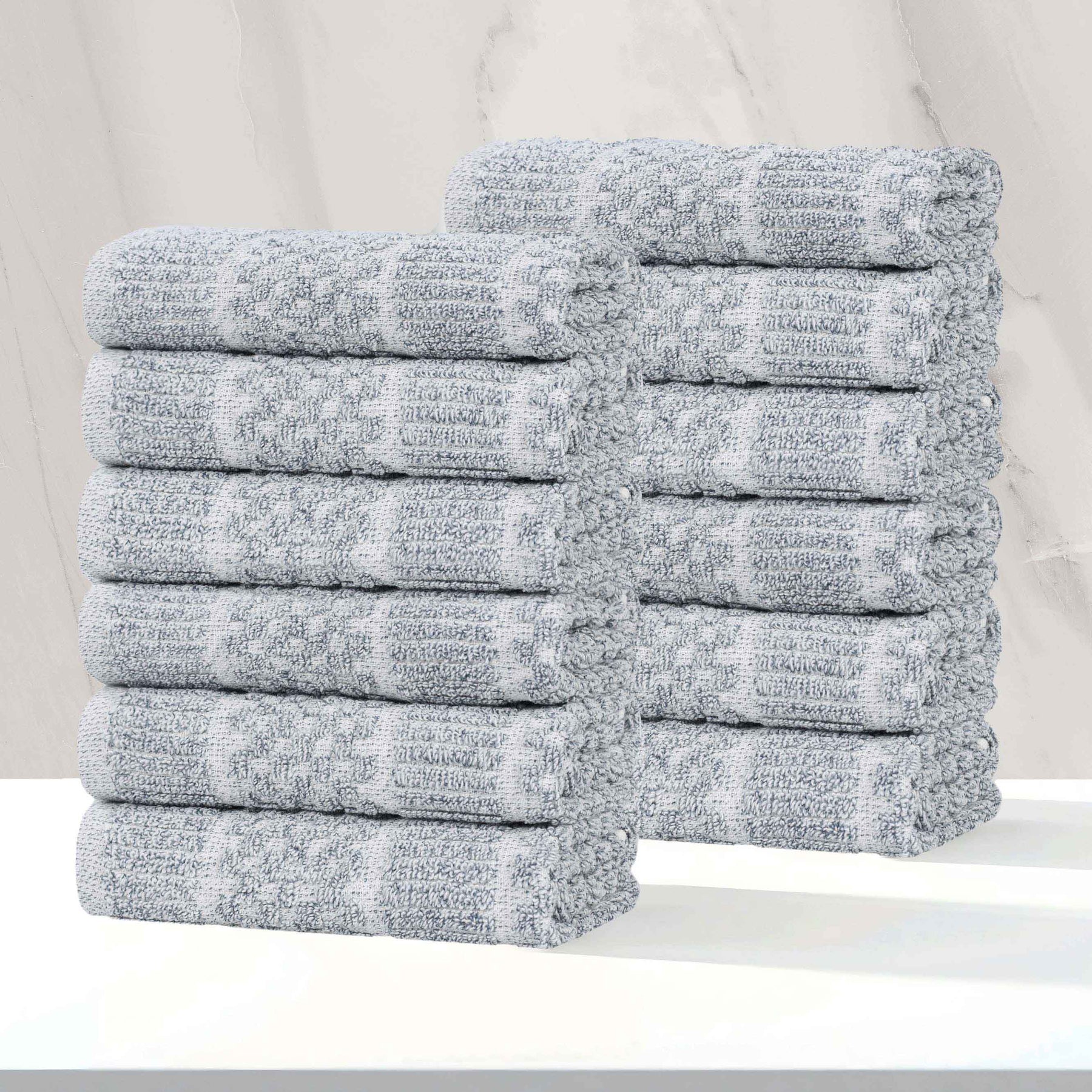 Naples Cotton Blend Checkered Ribbed Face Towels Washcloths, Set of 12