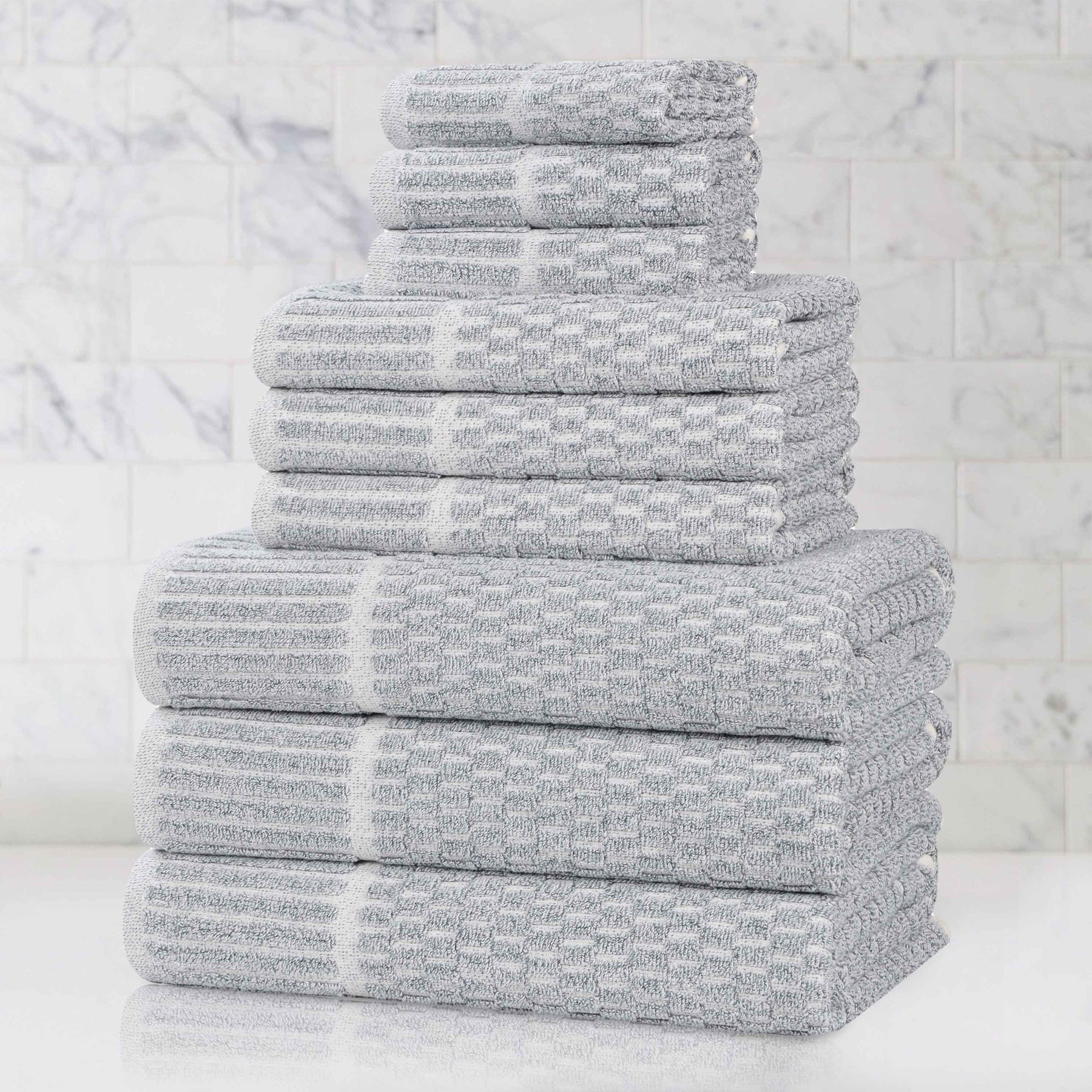 Juno Cotton Blend Textured Checkered Ribbed Border 9 Piece Towel Set