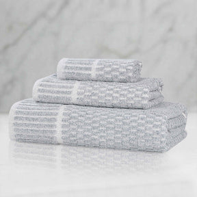 Juno Cotton Blend Textured Checkered Ribbed Border 3 Piece Towel Set