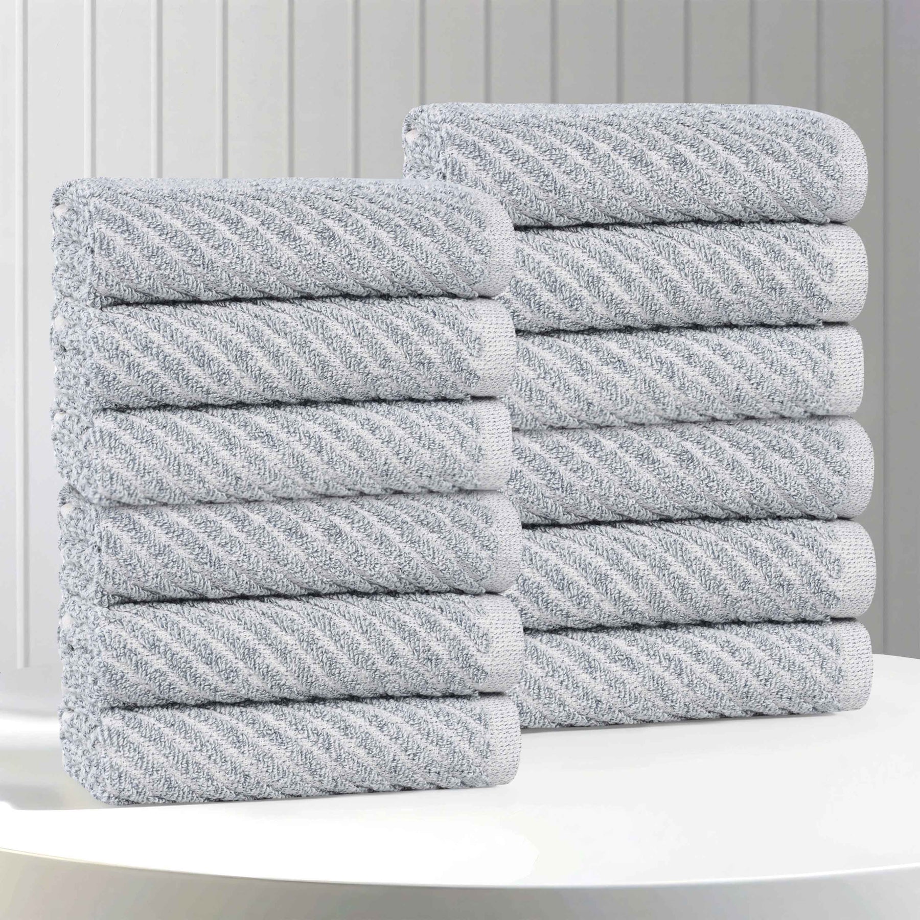 Amelia Cotton Blend Diagonal Ribbed Face Towels Washcloths, Set of 12