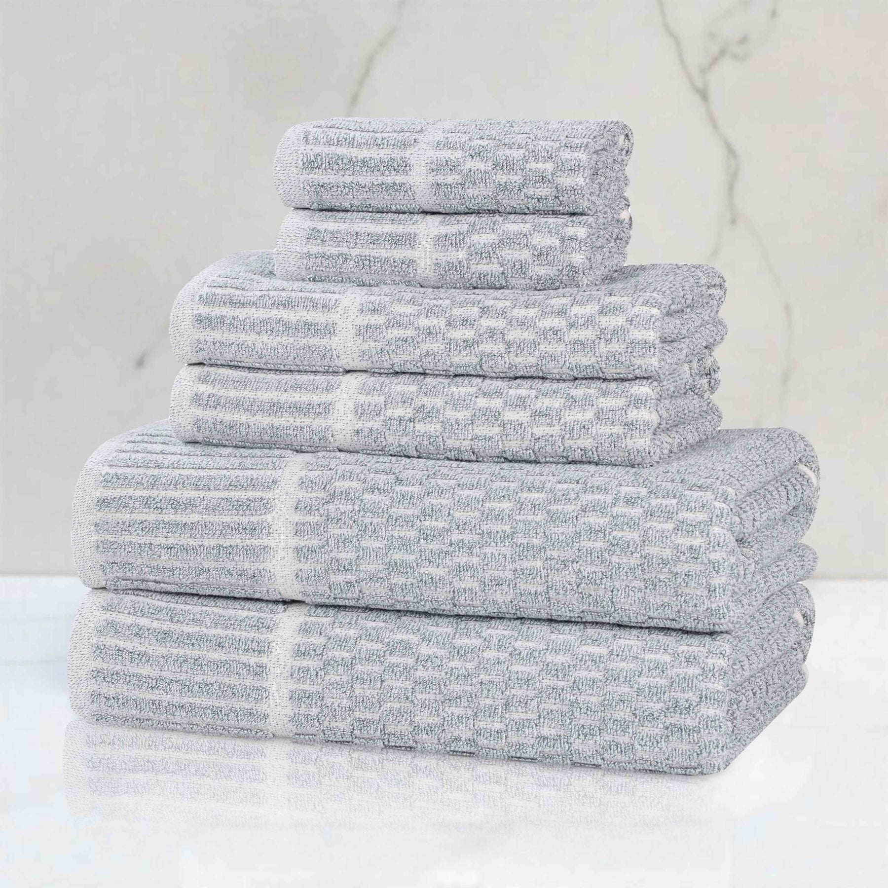 Juno Cotton Blend Textured Checkered Ribbed Border 6 Piece Towel Set