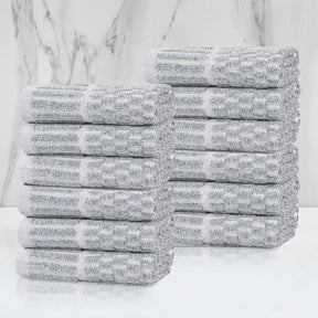 Juno Cotton Blend Checkered Ribbed Border Face Towels Washcloths, Set of 12