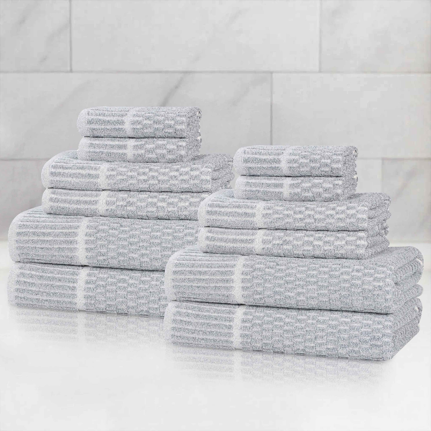 Juno Cotton Blend Textured Checkered Ribbed Border 12 Piece Towel Set