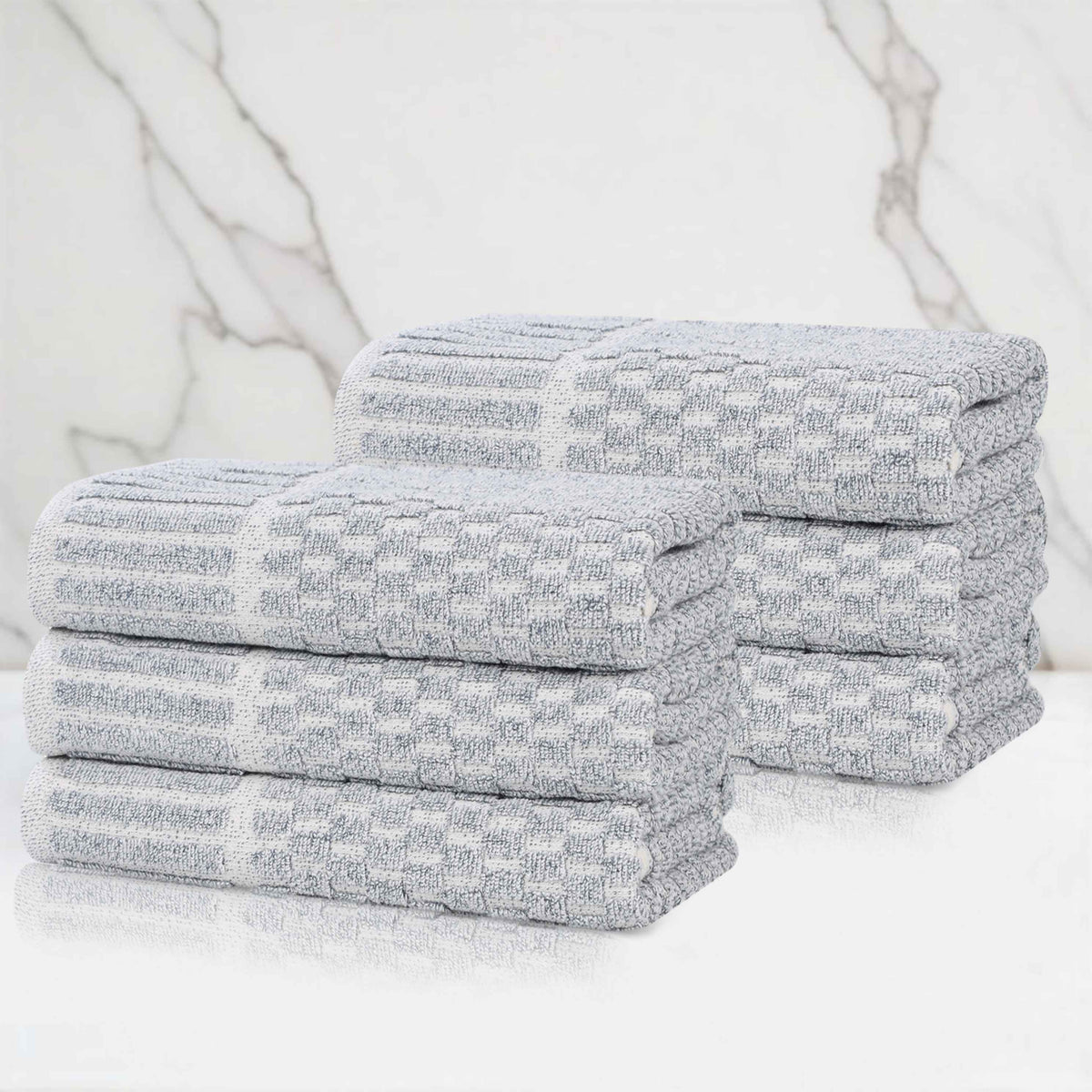 Juno Cotton Blend Textured Checkered Ribbed Border Hand Towels, Set of 6