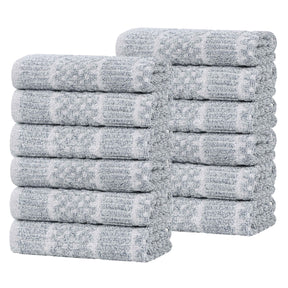 Naples Cotton Blend Checkered Ribbed Face Towels Washcloths, Set of 12