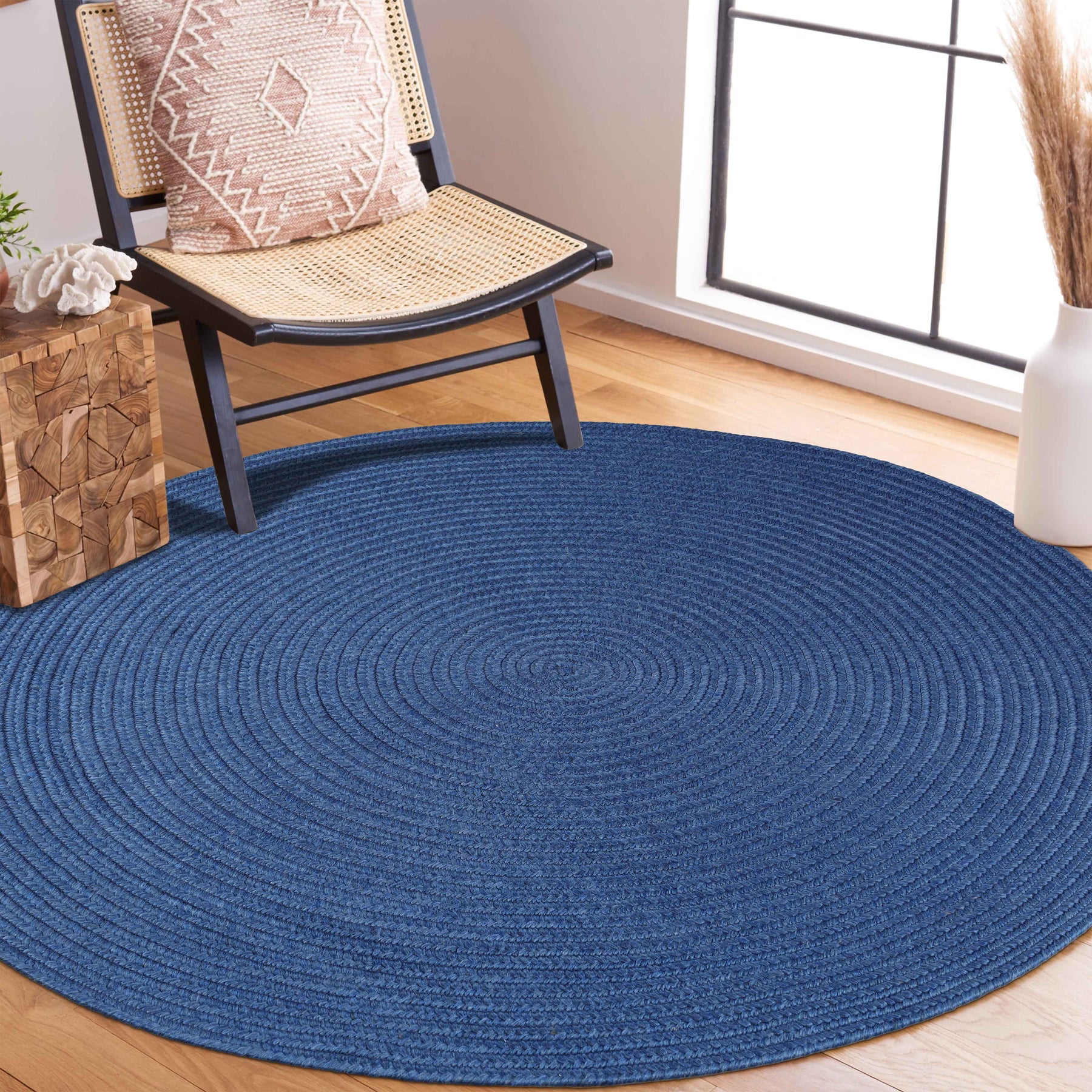 Bohemian Braided Indoor Outdoor Rugs Solid Round Area Rug - DenimBlue