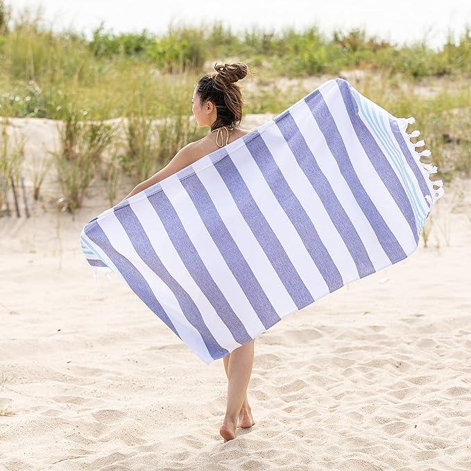 Coastal Resort Stripe Fouta 4 Piece Beach Towel with Tassels - DuskyBlue