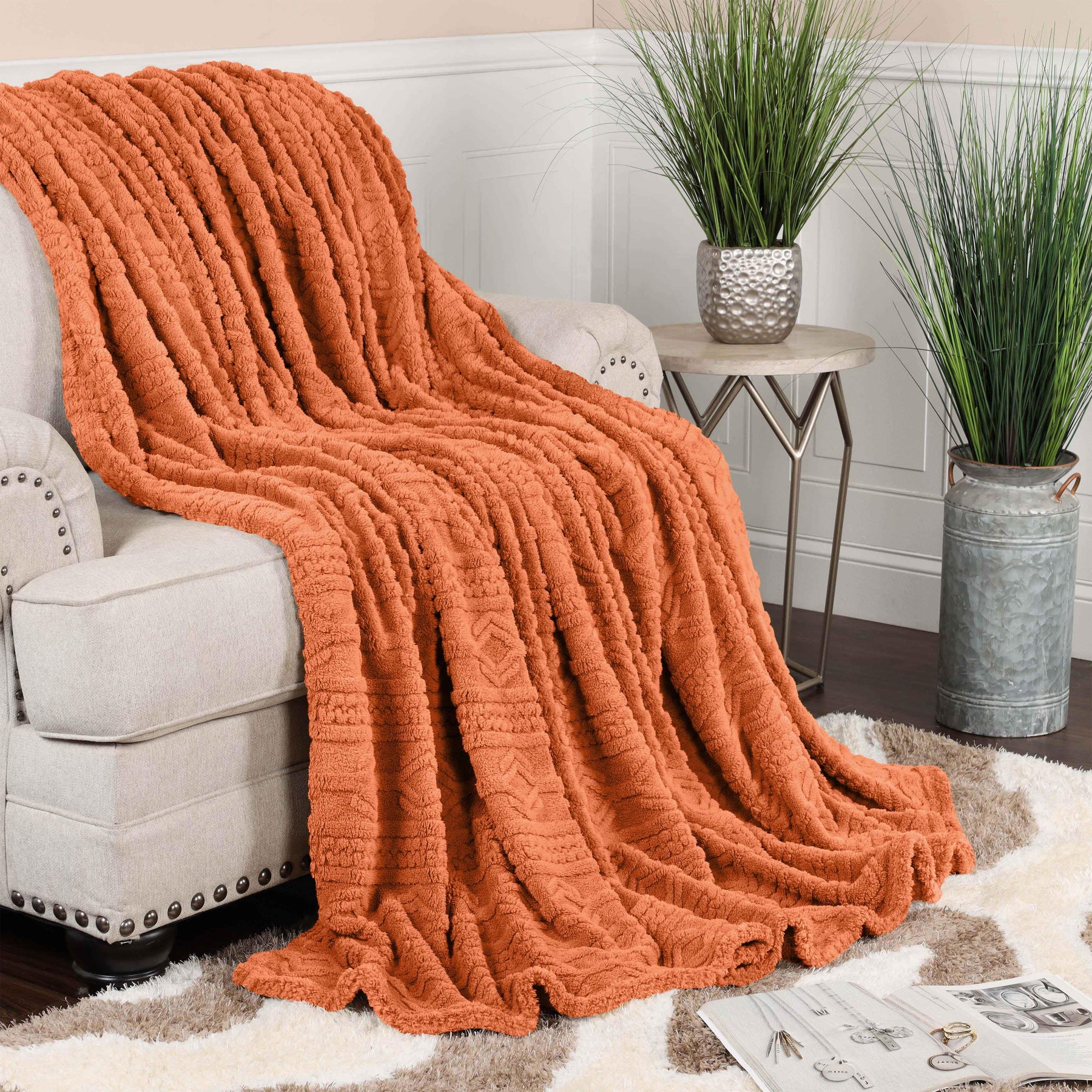 Arctic Boho Knit Jacquard Fleece Plush Medium Weight Fluffy Blanket - DustyOrange