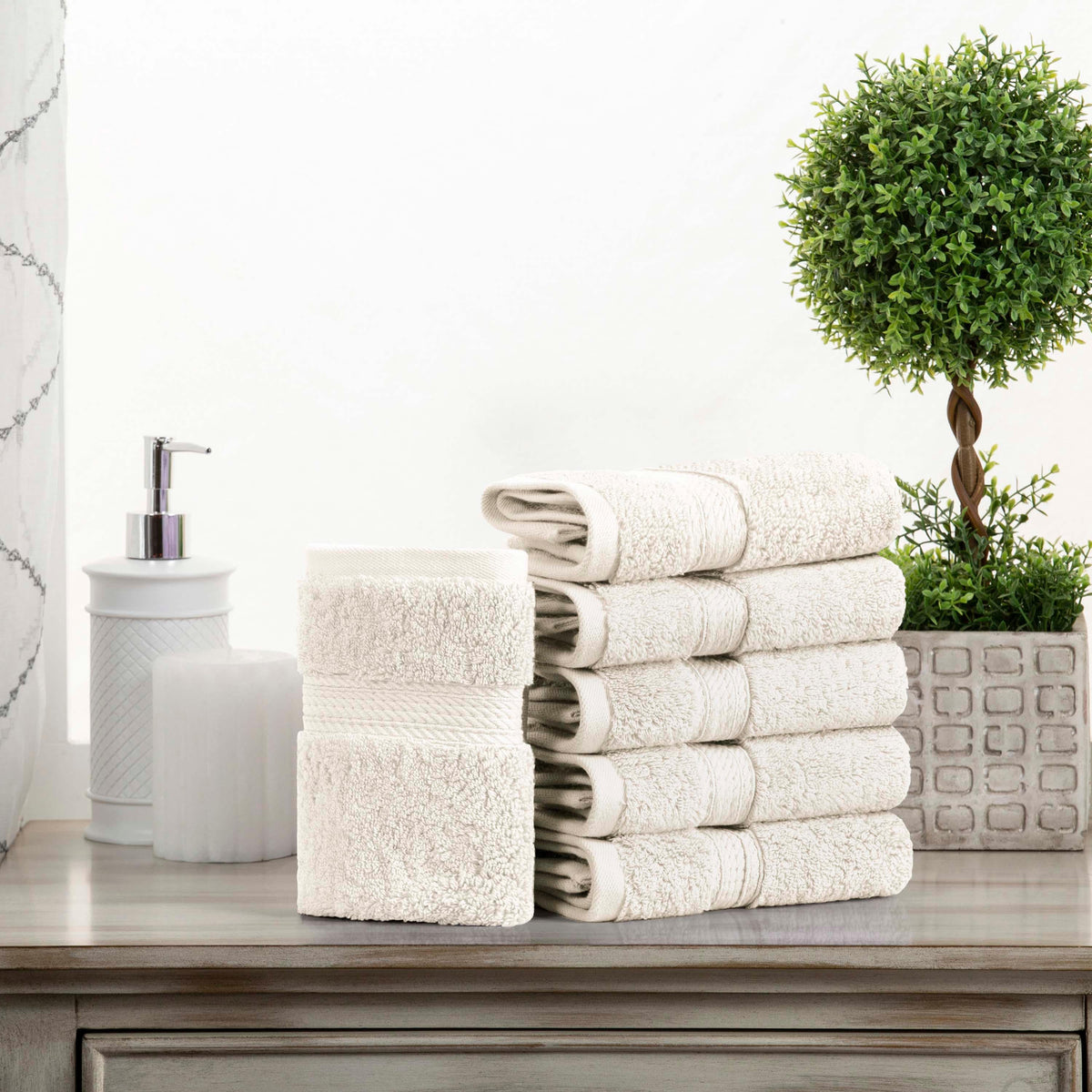 Egyptian Cotton Pile Heavyweight 6 Piece Face Towel Washcloth Set - Cream