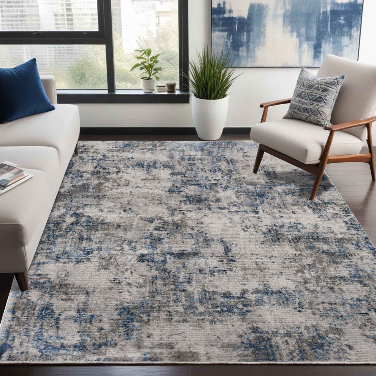 Euphemia Distressed Abstract Indoor Area Rug or Runner - Blue