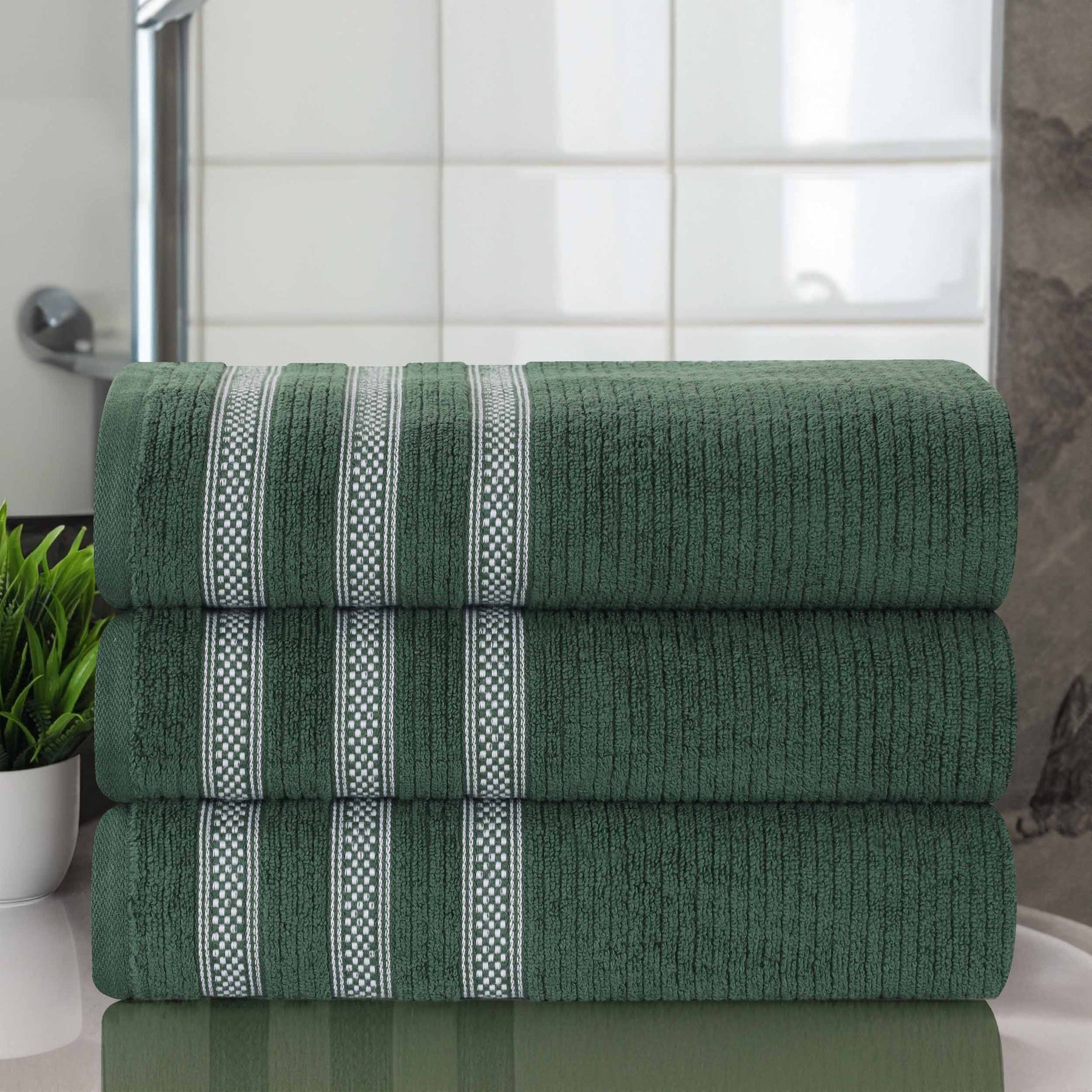 Brea Zero Twist Cotton Ribbed Geometric Border Bath Towel Set of 3