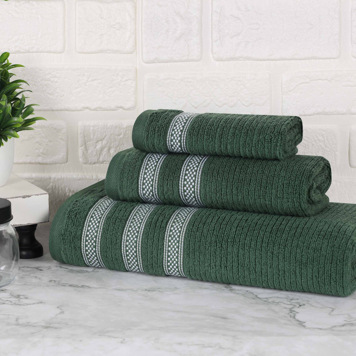 Brea Zero Twist Cotton Ribbed Geometric Border 3 Piece Towel Set