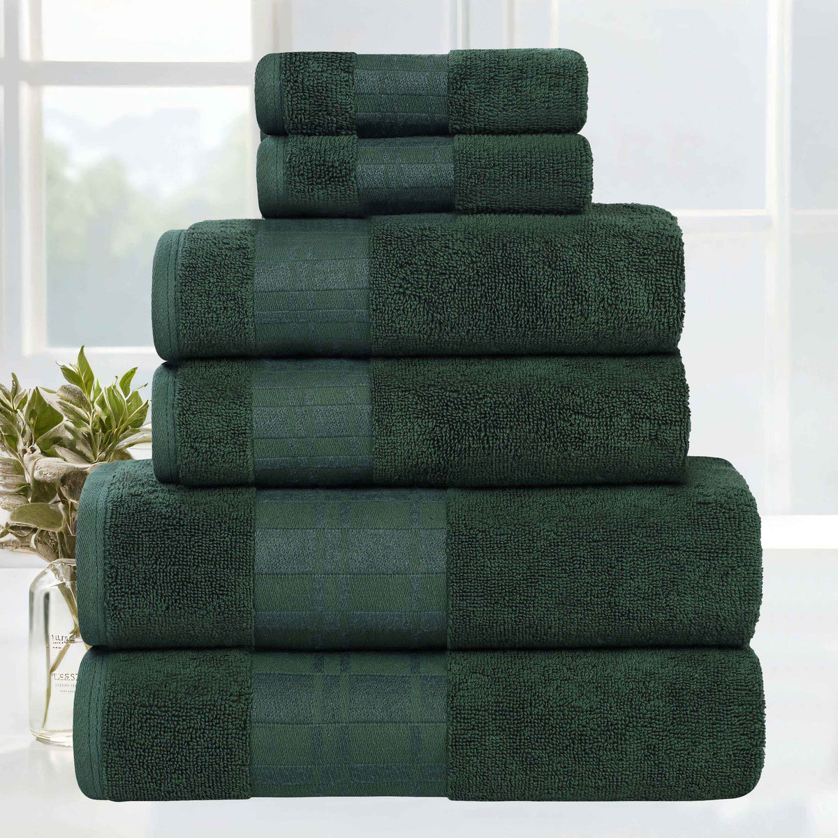 Larissa Cotton Geometric Border 6 Piece Assorted Towel Set - ForestGreen