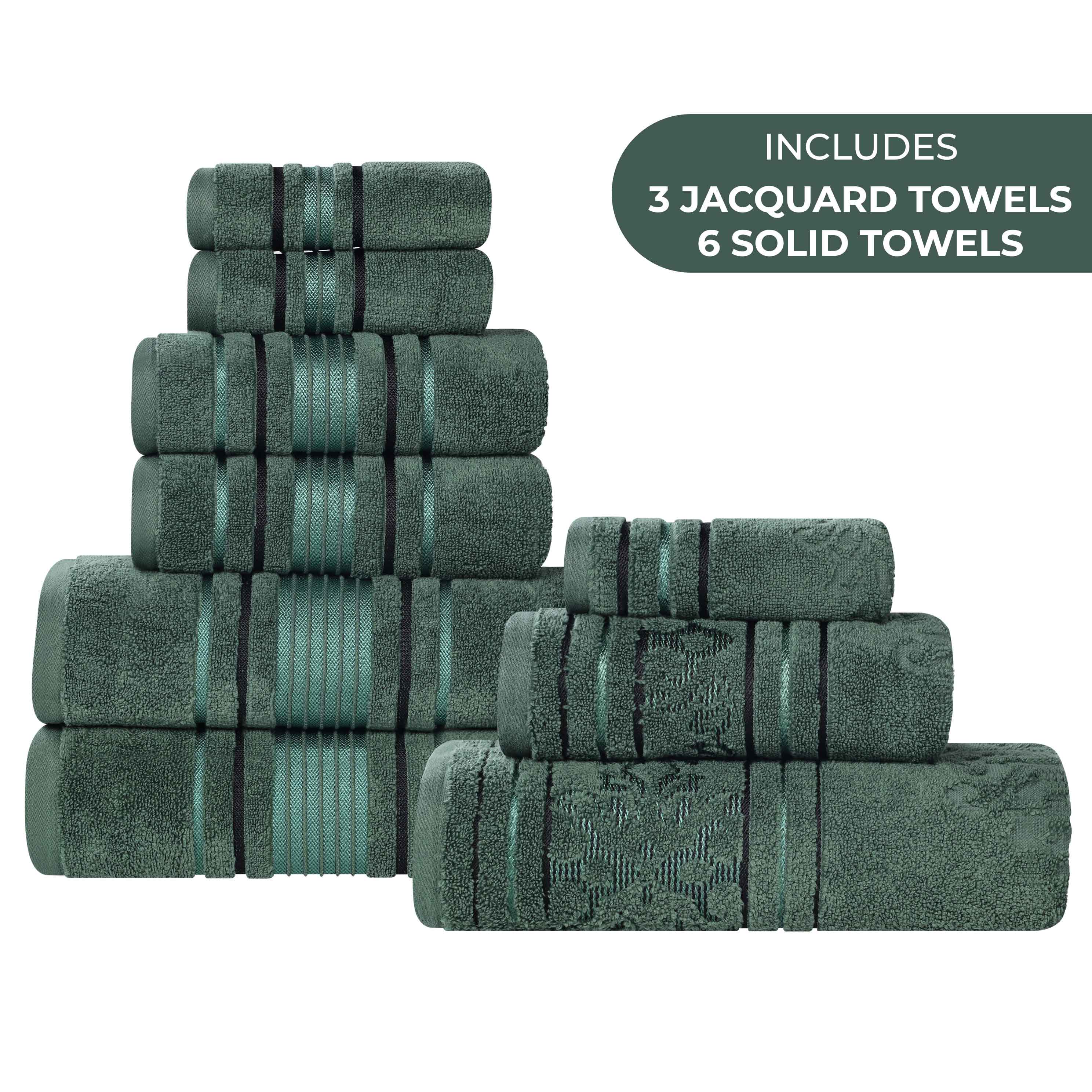 Sadie Zero Twist Cotton Solid and Jacquard Floral 9 Piece Towel Set - Towel Set by Superior