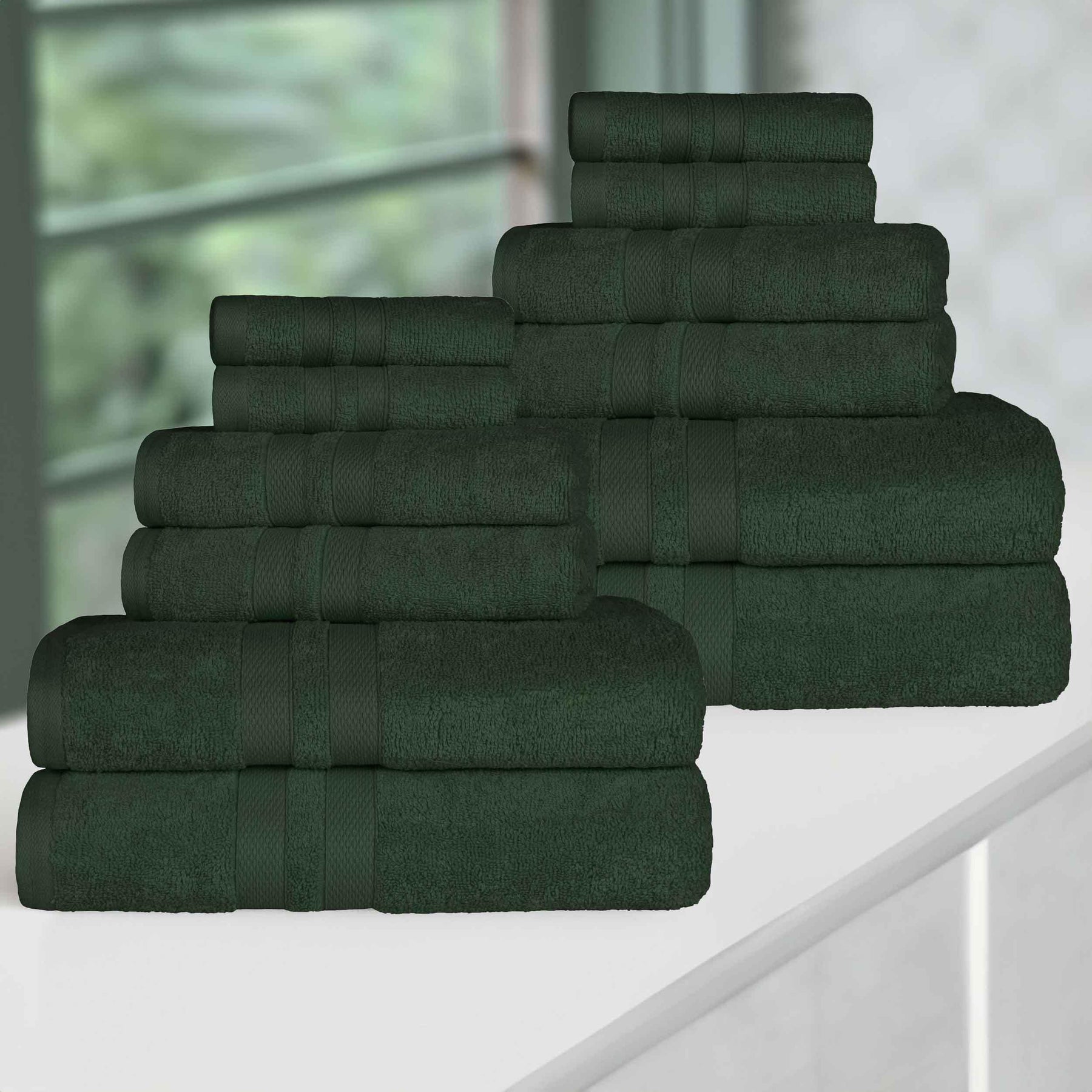 Ultra-Soft Cotton Absorbent Quick-Drying 12 Piece Assorted Towel Set - ForestGreen