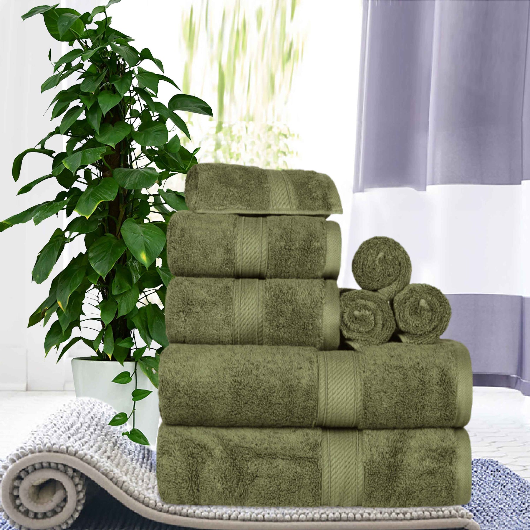 Egyptian Cotton Pile 8 Piece Ultra Plush Solid Towel Set - ForestGreen