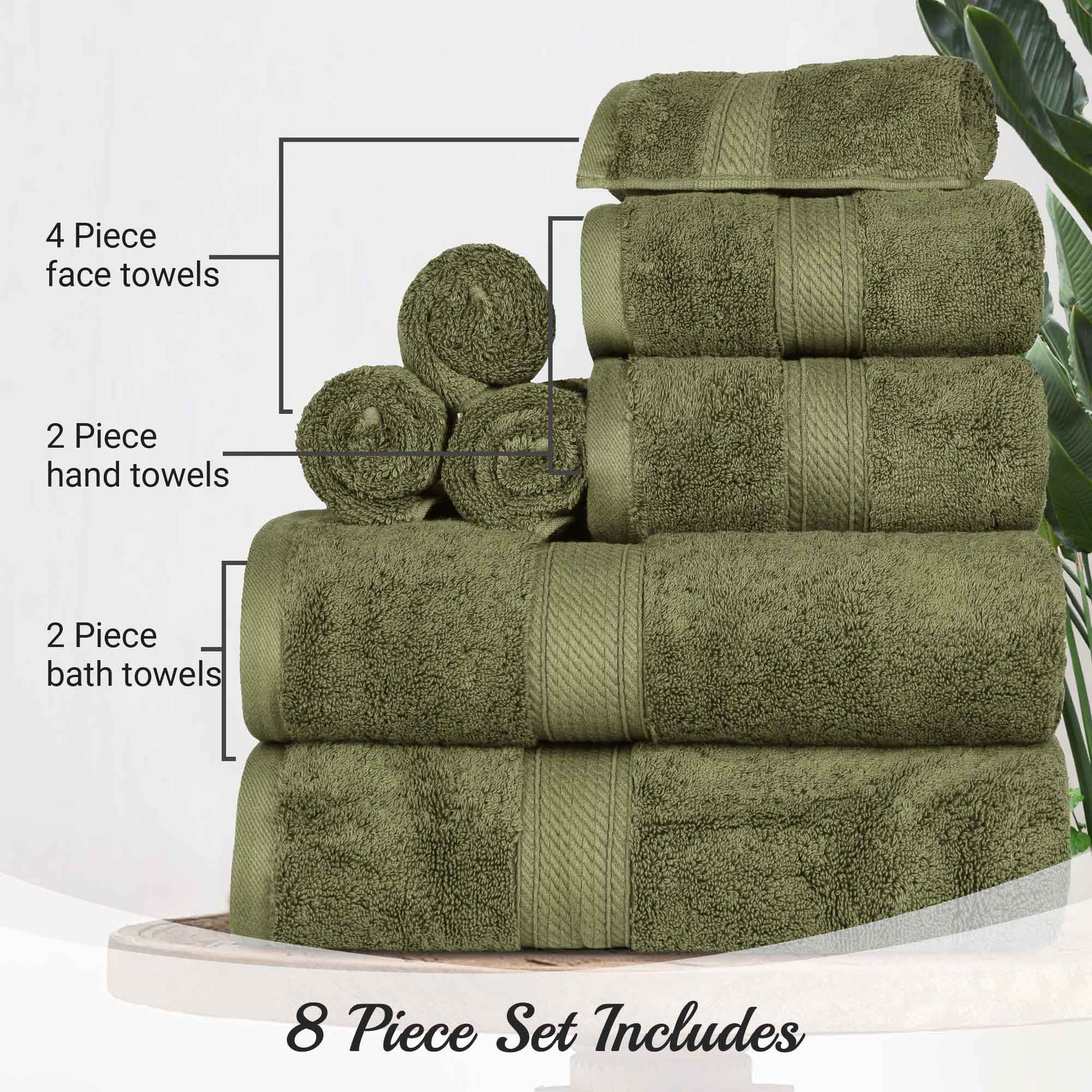 Egyptian Cotton Pile 8 Piece Ultra Plush Solid Towel Set - ForestGreen