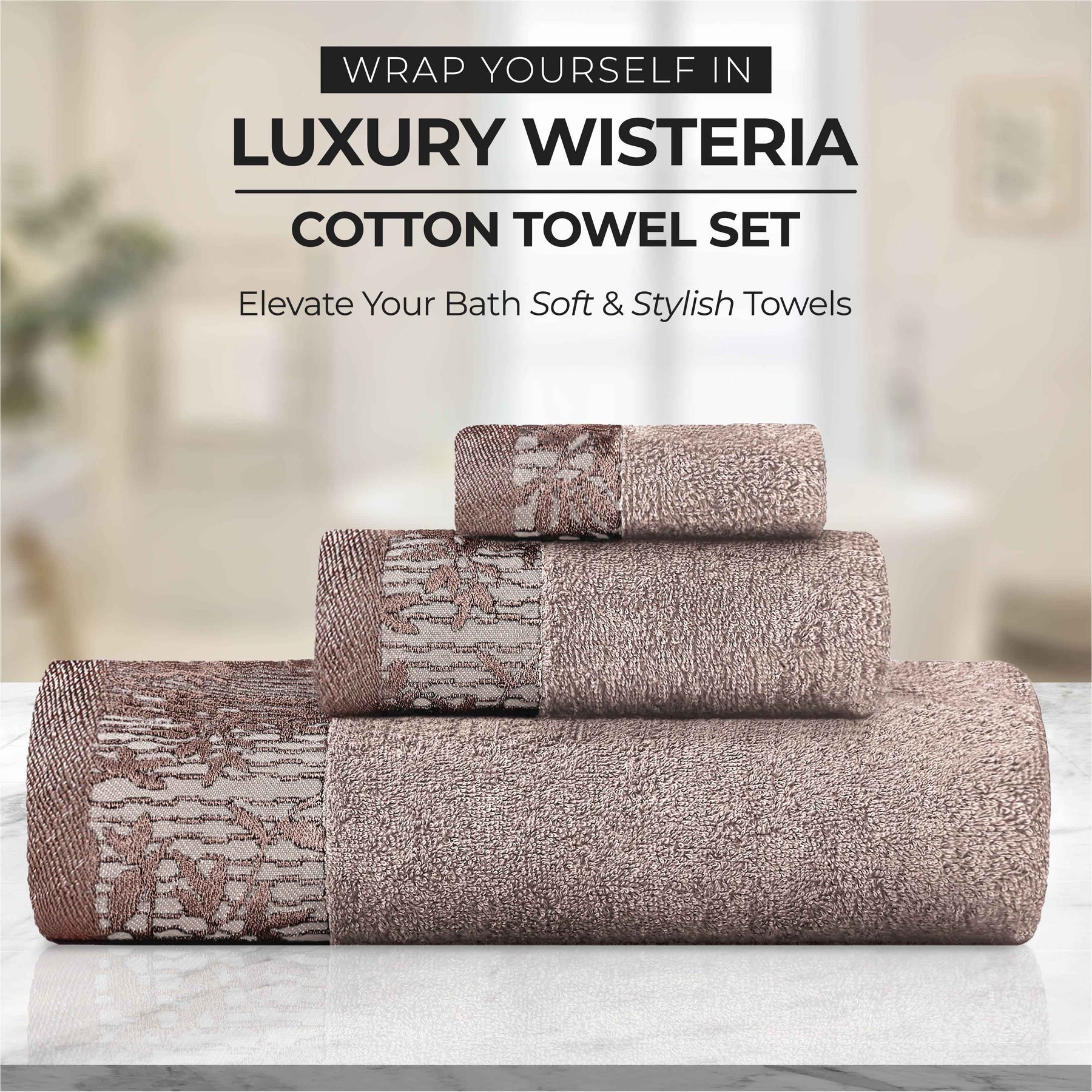 Wisteria Cotton Medium Weight Floral Jacquard Bath Towels, Set of 4