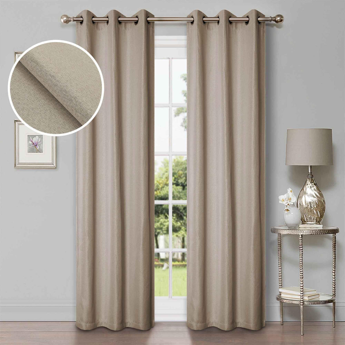 Linen Pattern Washable Room Darkening Blackout Curtains, Set of 2 - FrostedAlmond