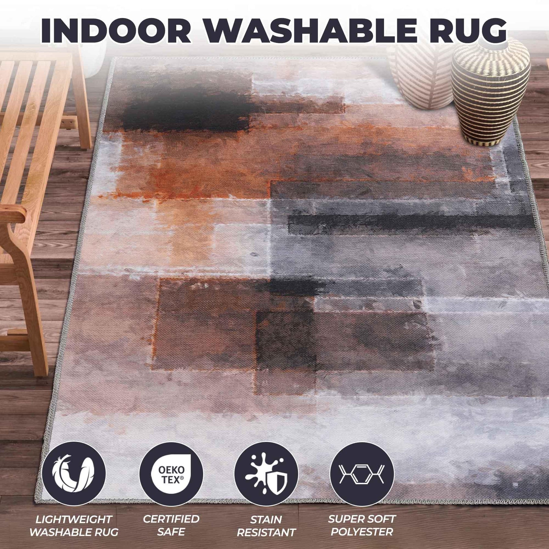 Goa Abstract Patchwork Washable Indoor Area Rug or Runner - Rust