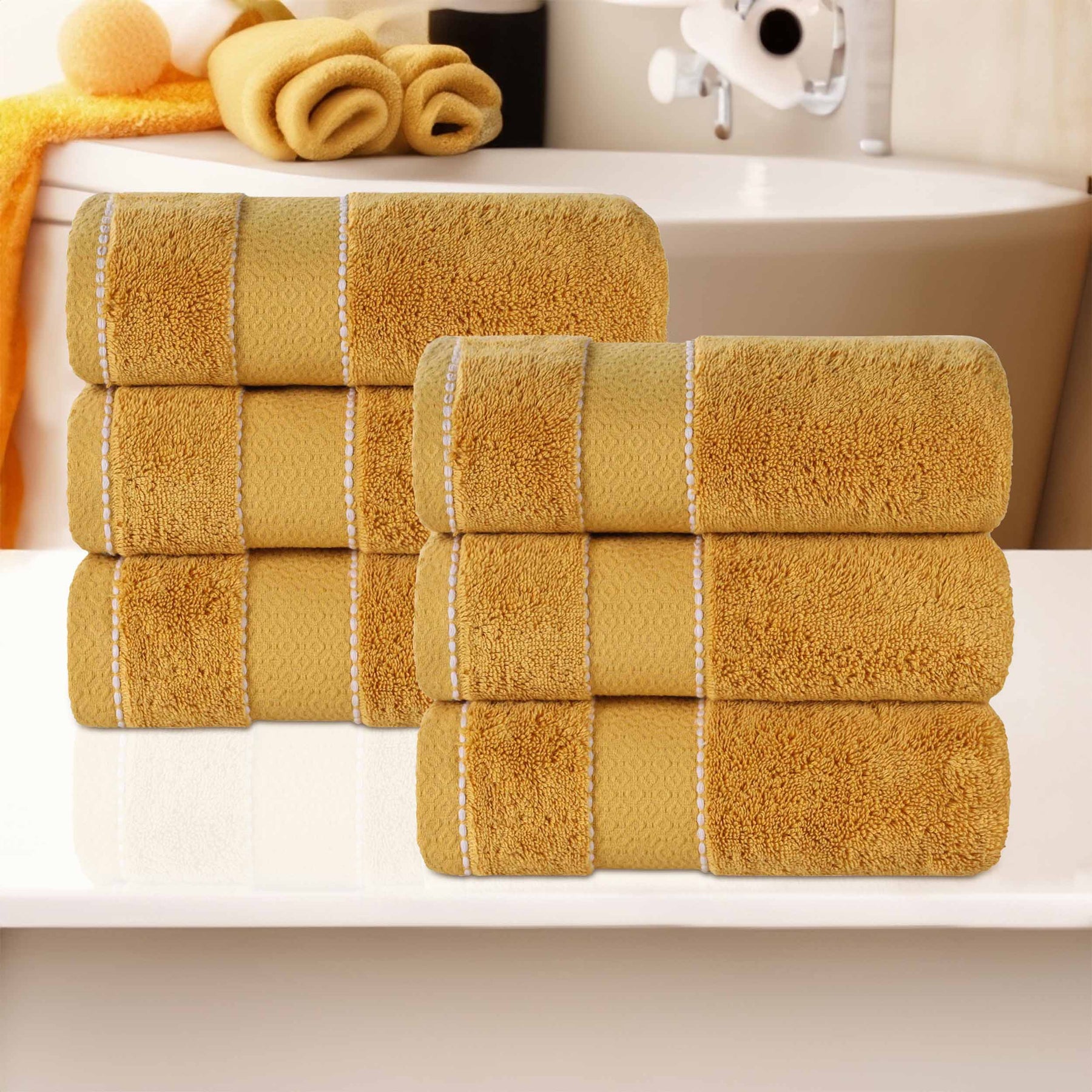 Niles Egyptian Giza Cotton Plush Thick Absorbent Hand Towel Set of 6 - Gold