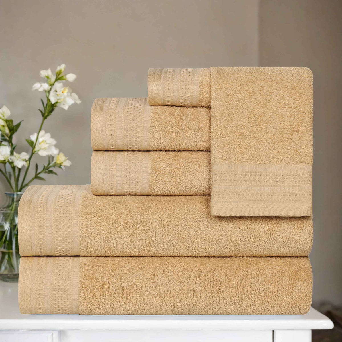 Honeycomb Textured Waffle Border Cotton 6 Piece Towel Set