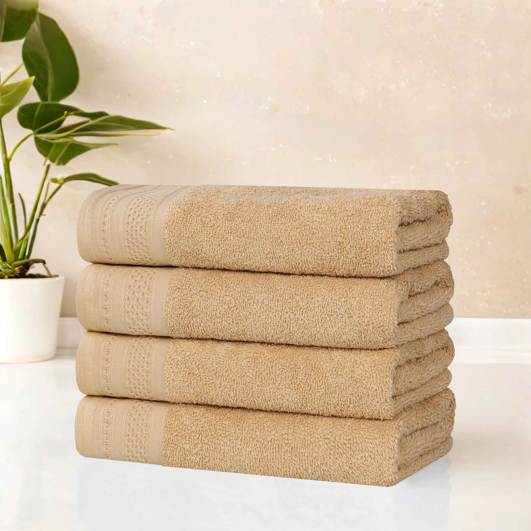 Honeycomb Textured Waffle Border Cotton Hand Towels, Set of 4