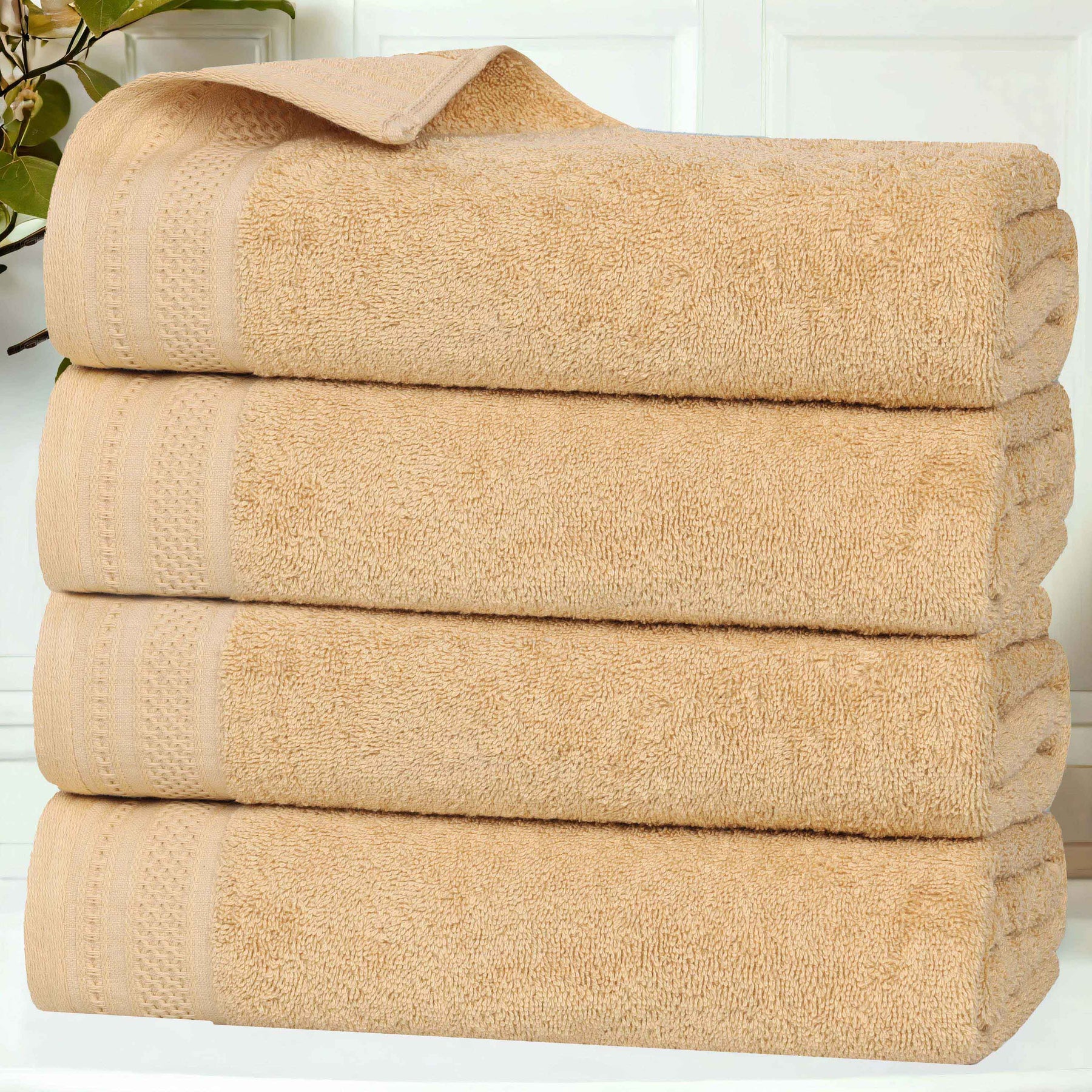 Honeycomb Textured Waffle Border Cotton Bath Towels, Set of 4