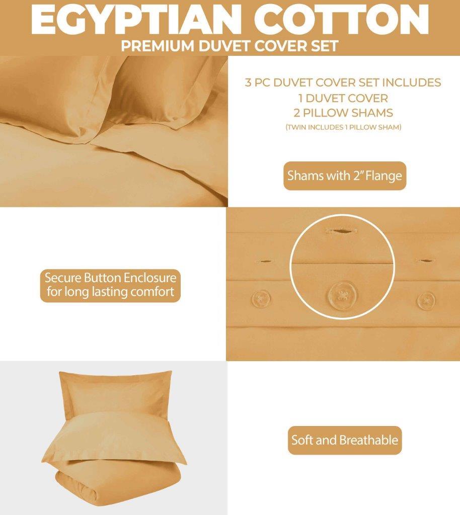 Egyptian Cotton 300 Thread Count Solid Luxury Duvet Cover Set - Gold