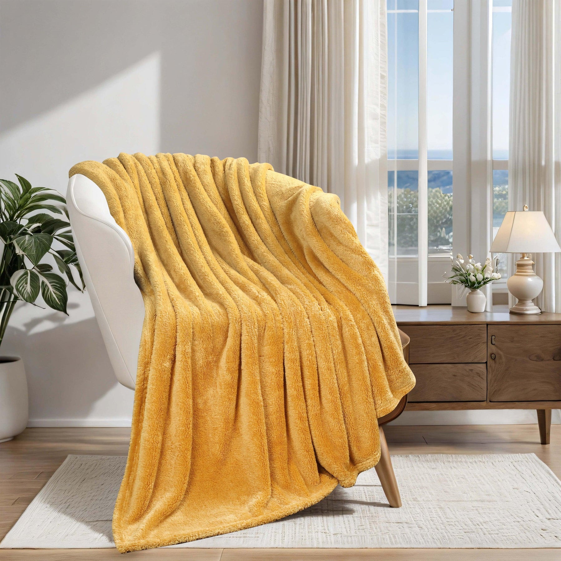 Fleece Plush Medium Weight Fluffy Soft Solid Decorative Blanket - Gold