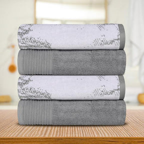 Cotton Marble Solid Jacquard Border Bath Towels Set of 4 - Gray