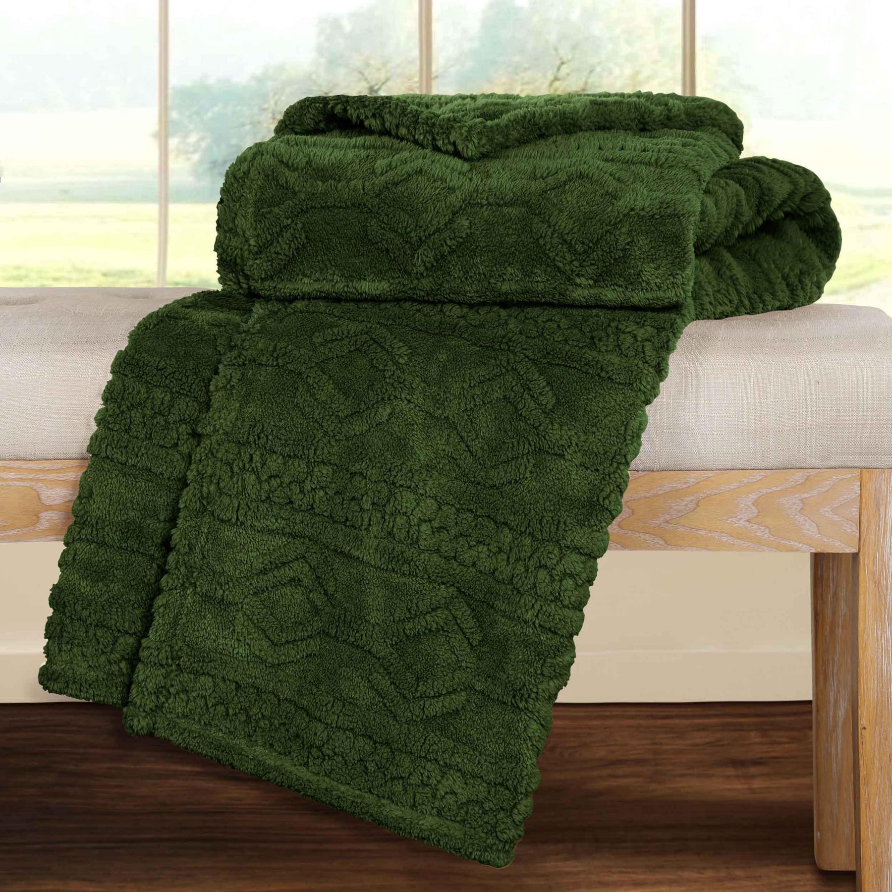 Arctic Boho Knit Jacquard Fleece Plush Medium Weight Fluffy Blanket - Green