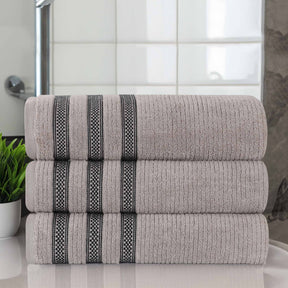 Brea Zero Twist Cotton Ribbed Geometric Border Bath Towel Set of 3