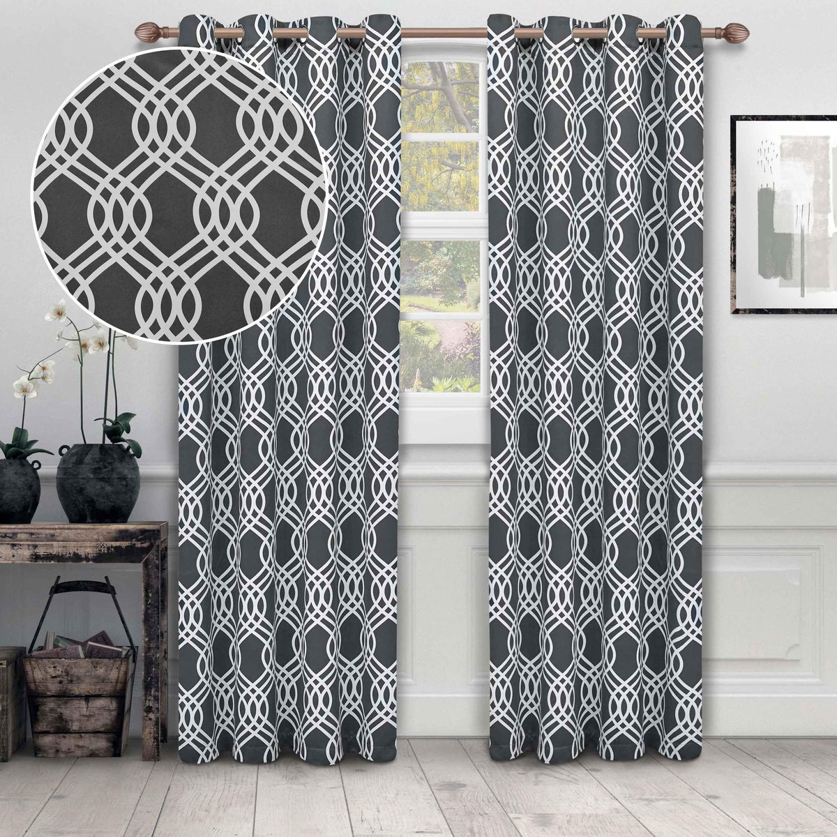 Ribbon Machine Washable Room Darkening Blackout Curtain Set - Gray